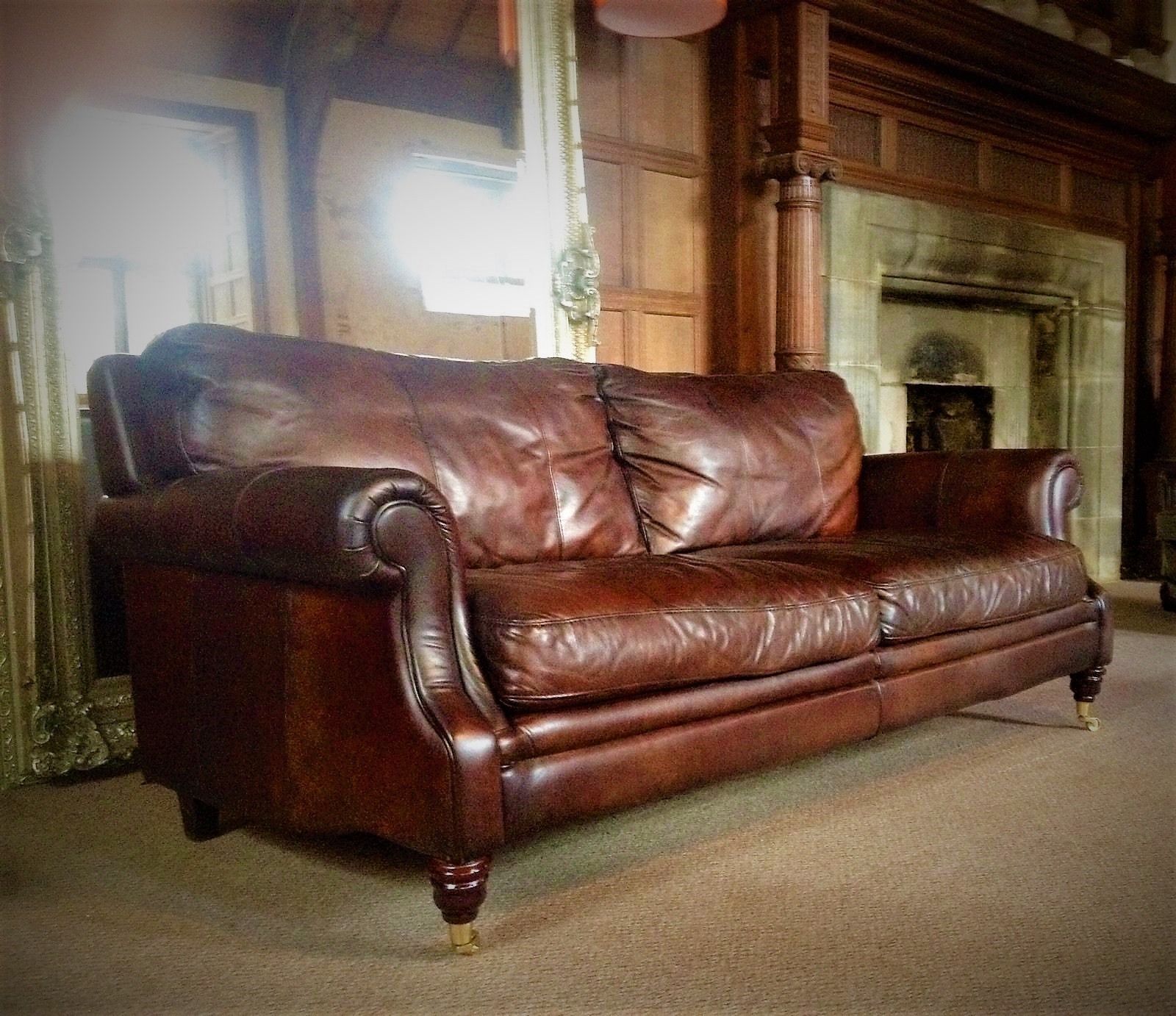 F50 1064 VICTORIAN STYLE HAND DYED CIGAR BROWN LEATHER 3 SEATER