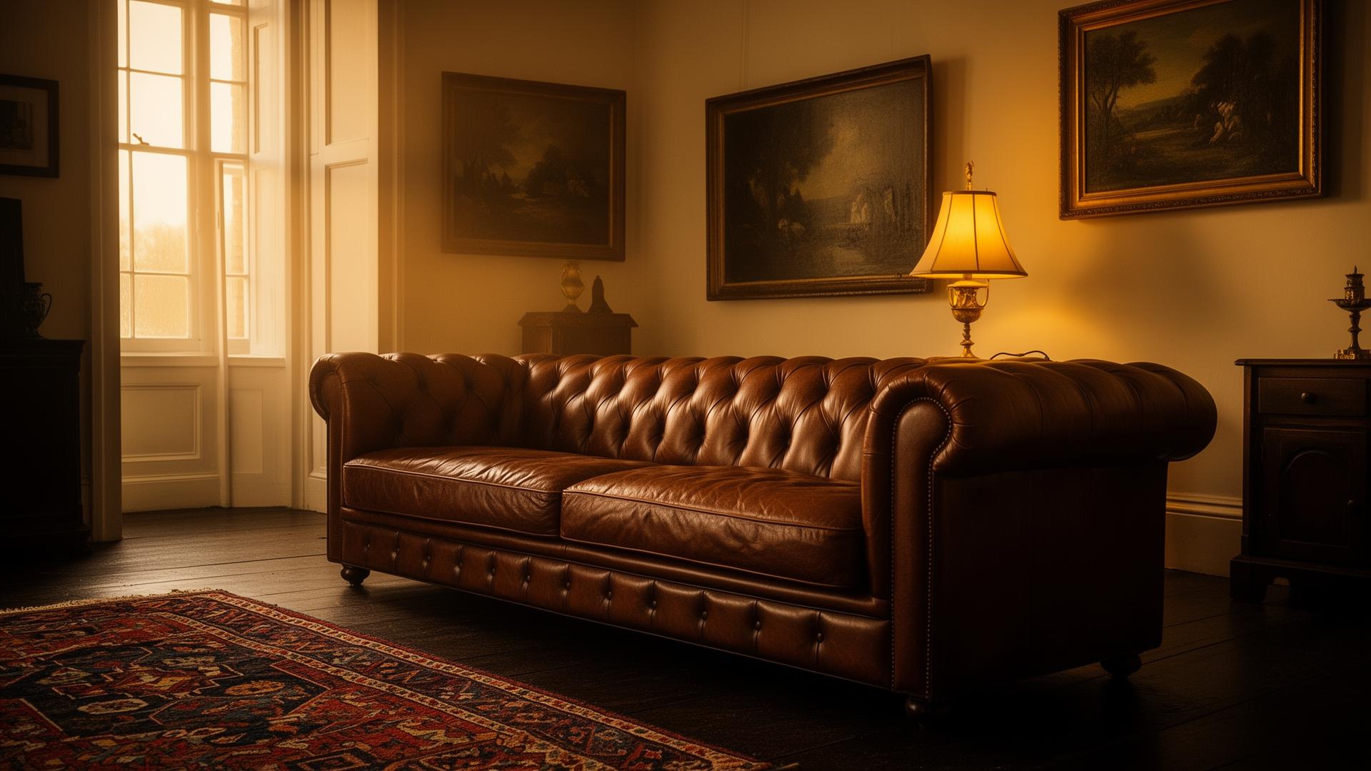 Hand-dyed leather Chesterfield sofa in a warm interior